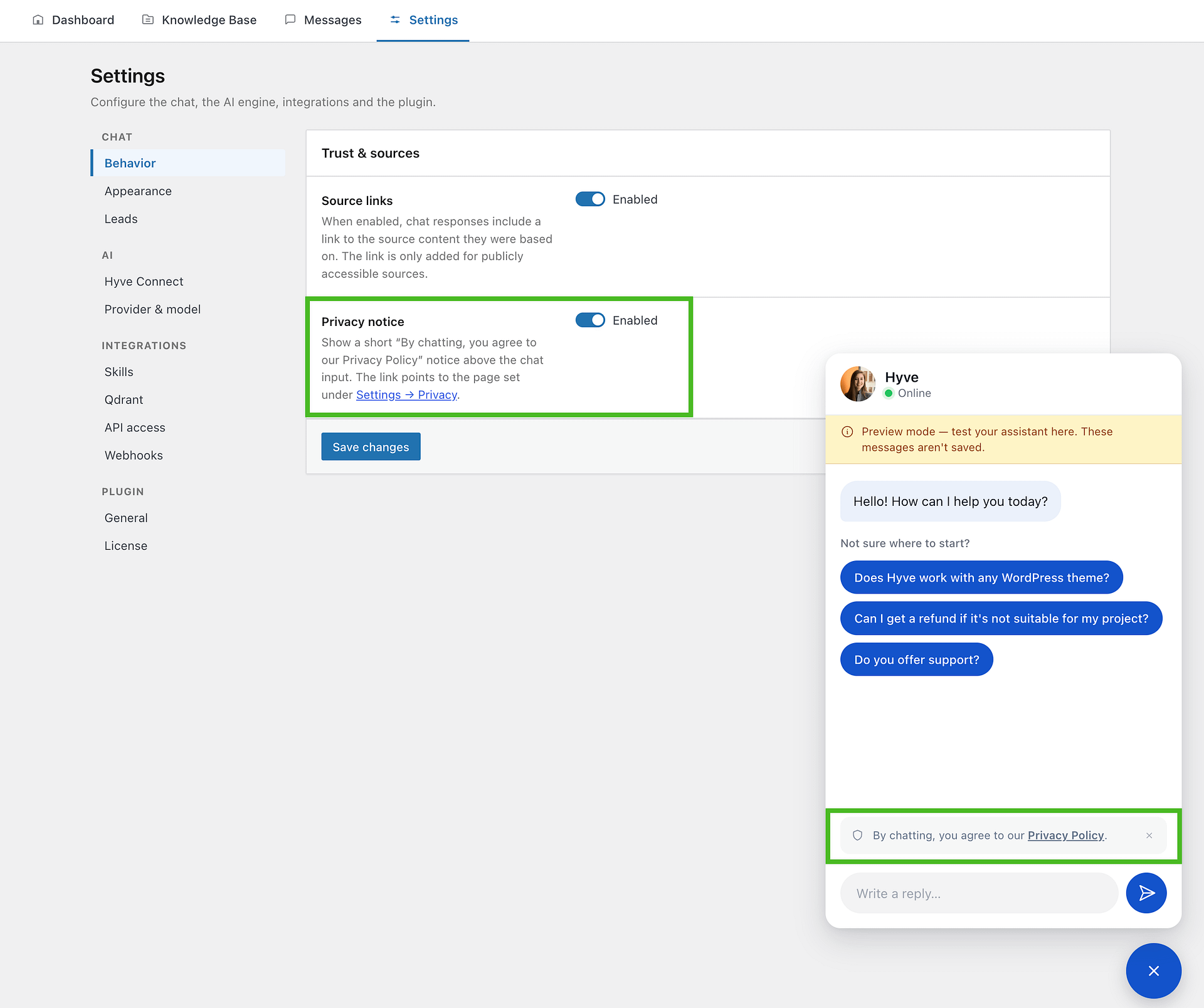 The Trust & sources panel with the Privacy notice enabled, and the visitor-facing notice above the chat input