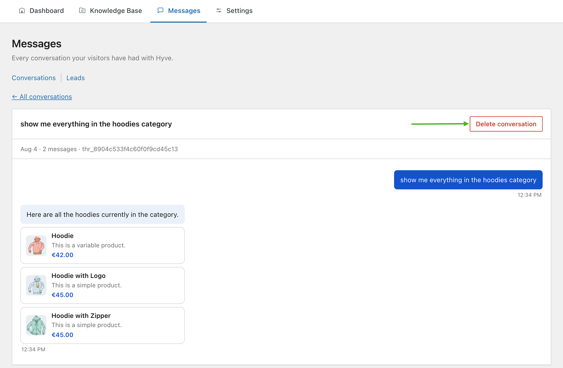 Hyve > Messages > Conversations, showing the conversation list and the export and delete actions