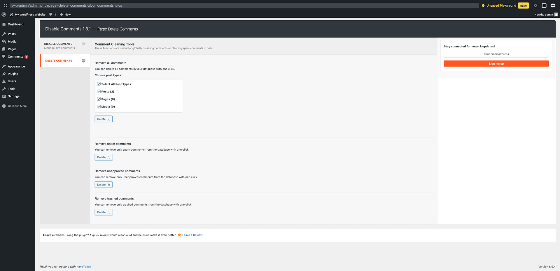Screenshot of the Delete Comments page showing spam, unapproved, and trashed deletion options