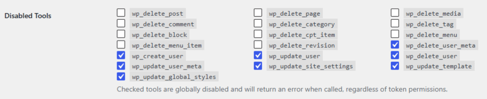 The Disabled Tools grid in Easy MCP AI Settings with the delete tools checked