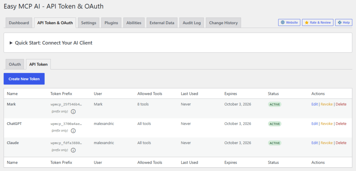 The token list table showing tokens with their status badges and Edit, Revoke, and Delete actions