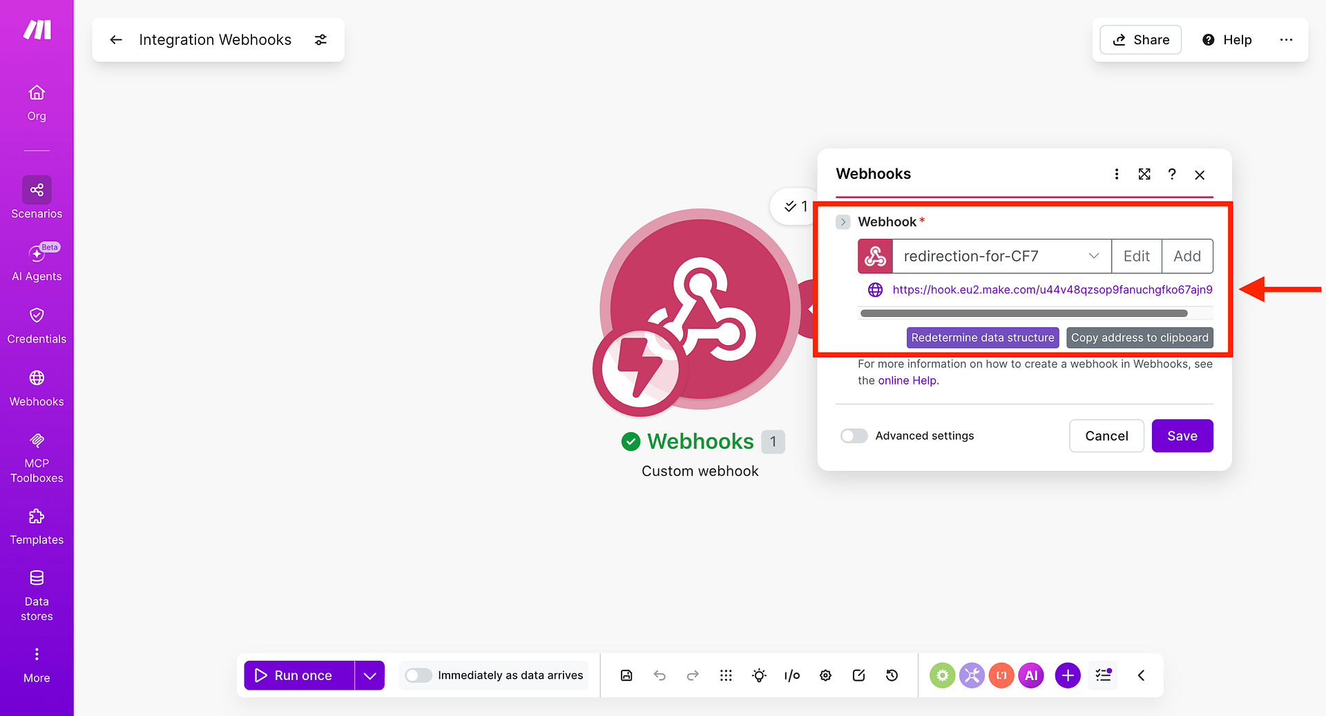 Make webhook URL screen with the URL and copy button visible