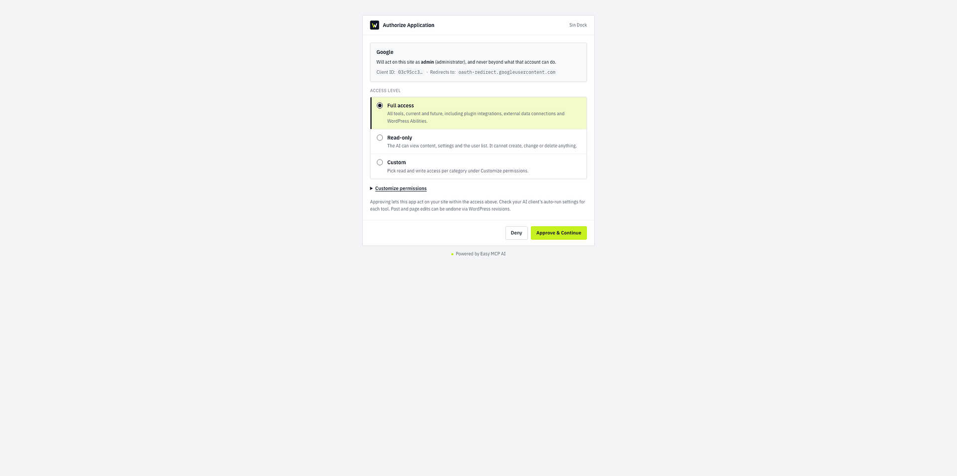 The WordPress Authorize Application page for Google, with the Full access, Read-only and Custom access levels and the Approve & Continue button