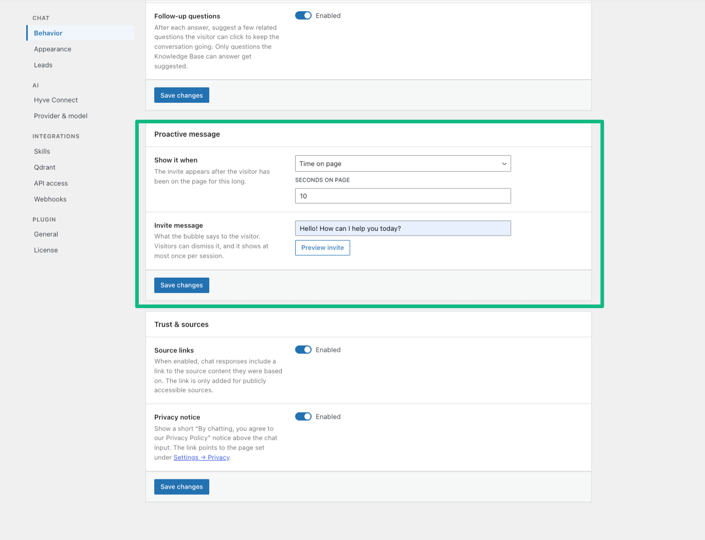 Hyve > Settings > Chat > Behavior showing the Proactive message settings with Show it when, Seconds on page, Scroll percentage, and Invite message