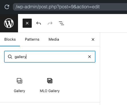 Screenshot: The block inserter search results showing the MLO Gallery block