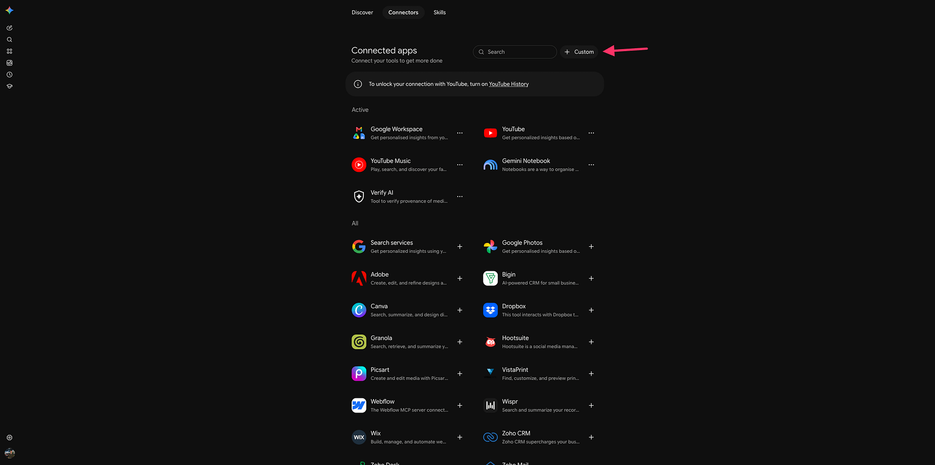 The Connected apps page in Gemini on the Connectors tab, with the + Custom button next to the search field highlighted