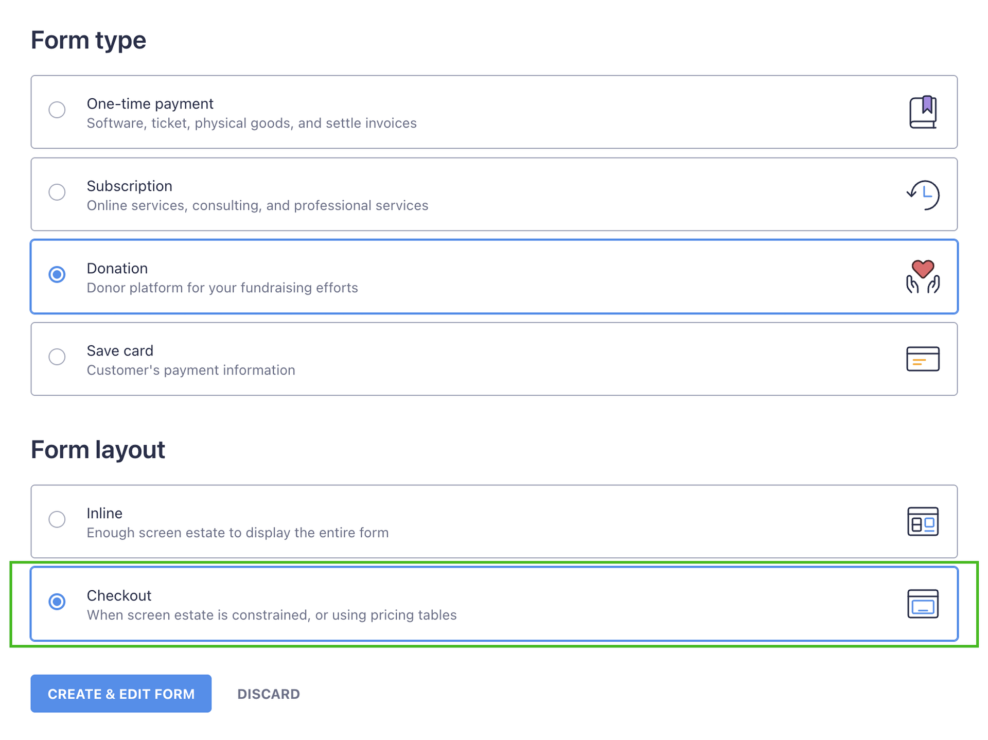 WP Full Pay form creation screen showing the "Form layout" option with Checkout selected
