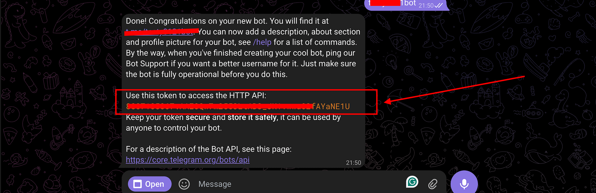 Telegram bot token shown by BotFather