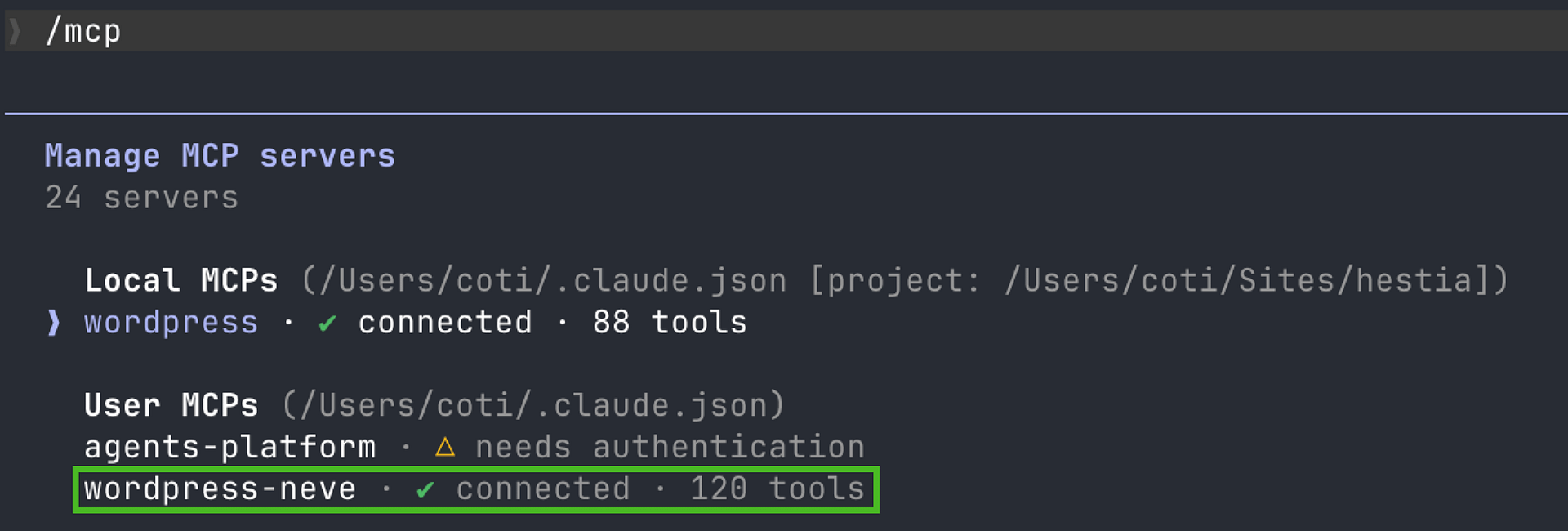Claude Code terminal with /mcp showing the wordpress server connected
