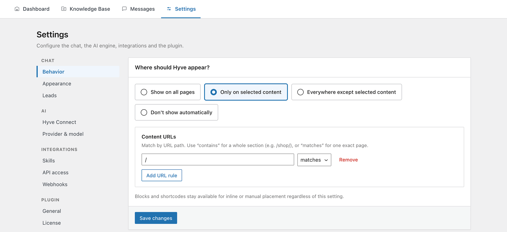 Hyve > Settings > Chat > Behavior, showing the display mode selector and a list of include or exclude path rules
