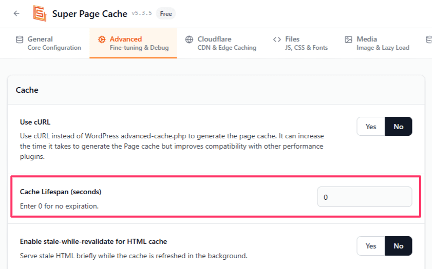 Super Page Cache Advanced Cache settings section with Cache Lifespan (seconds)