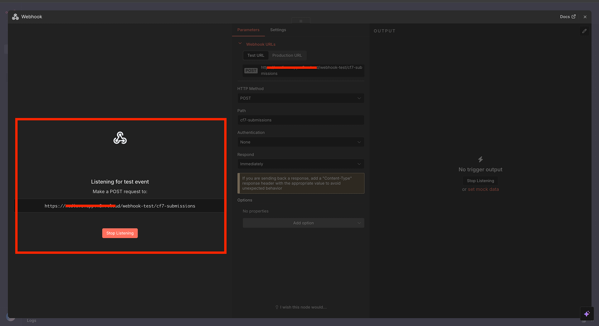 n8n Webhook node in listening/waiting mode