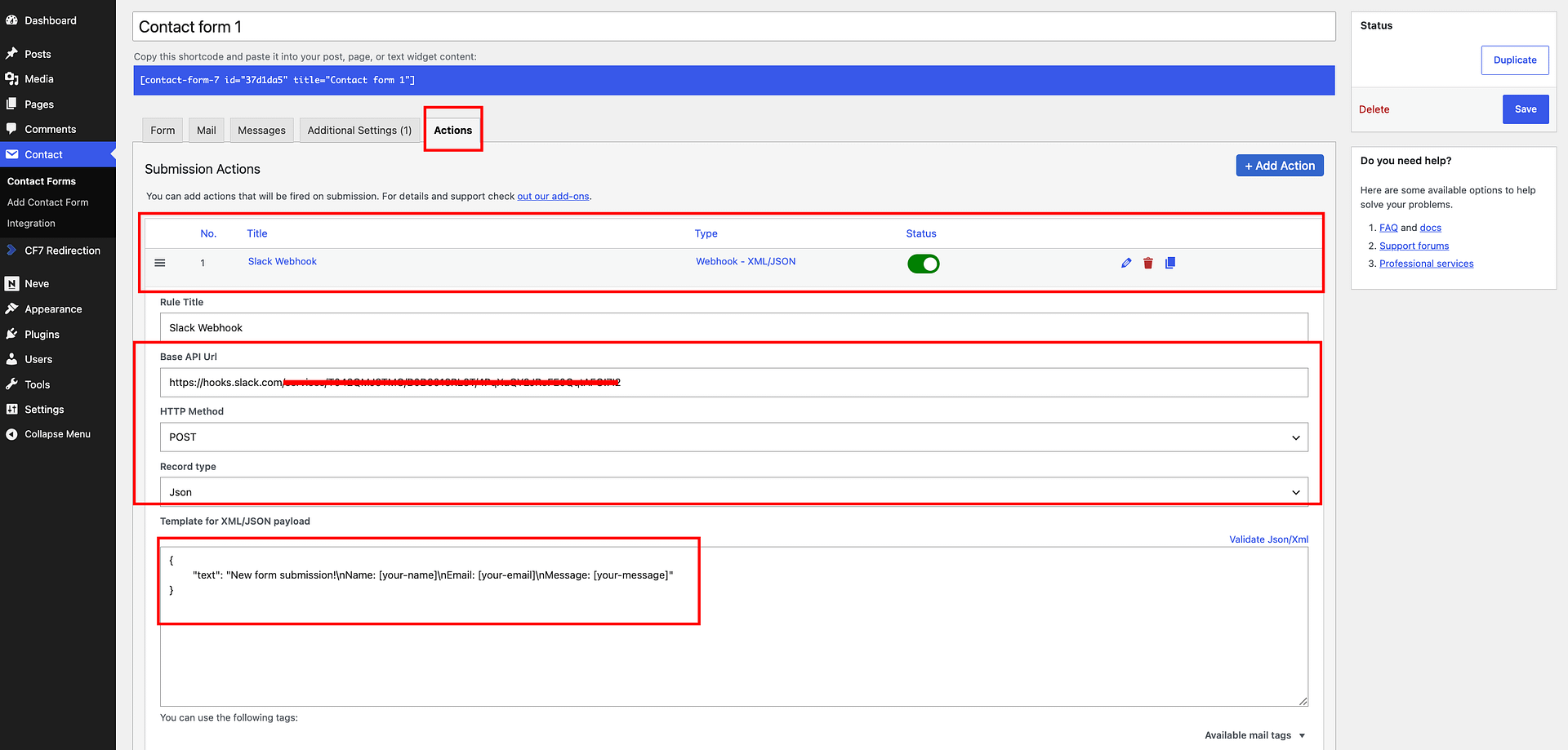 RCF7 Slack webhook action configuration