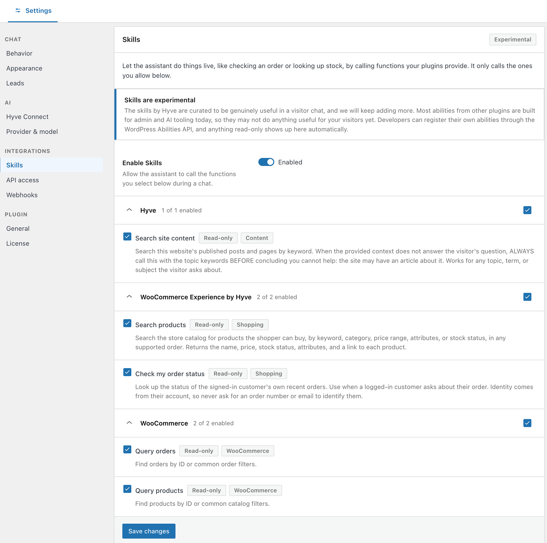 The Hyve Skills panel with Enable Skills switched on and the WooCommerce Experience by Hyve group expanded, showing the Search products and Check my order status rows with Read-only badges.