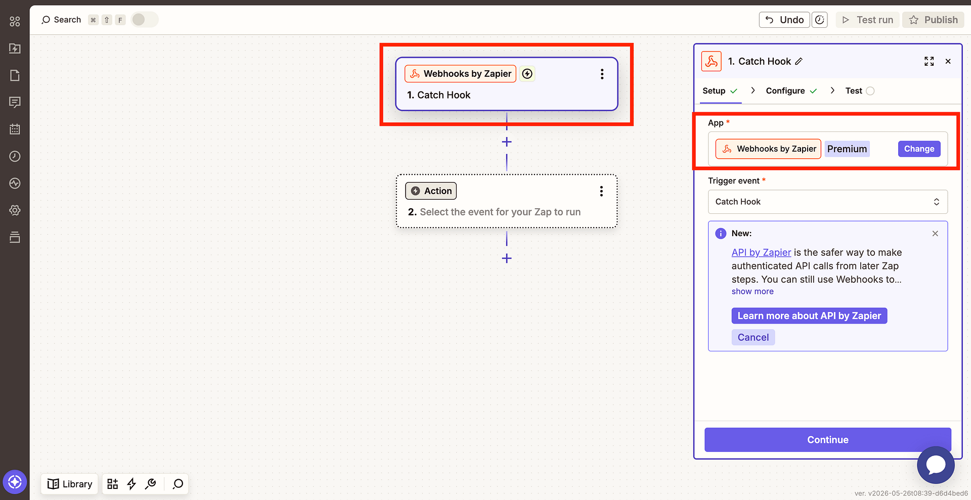 Zapier trigger setup showing Webhooks by Zapier with Catch Hook selected