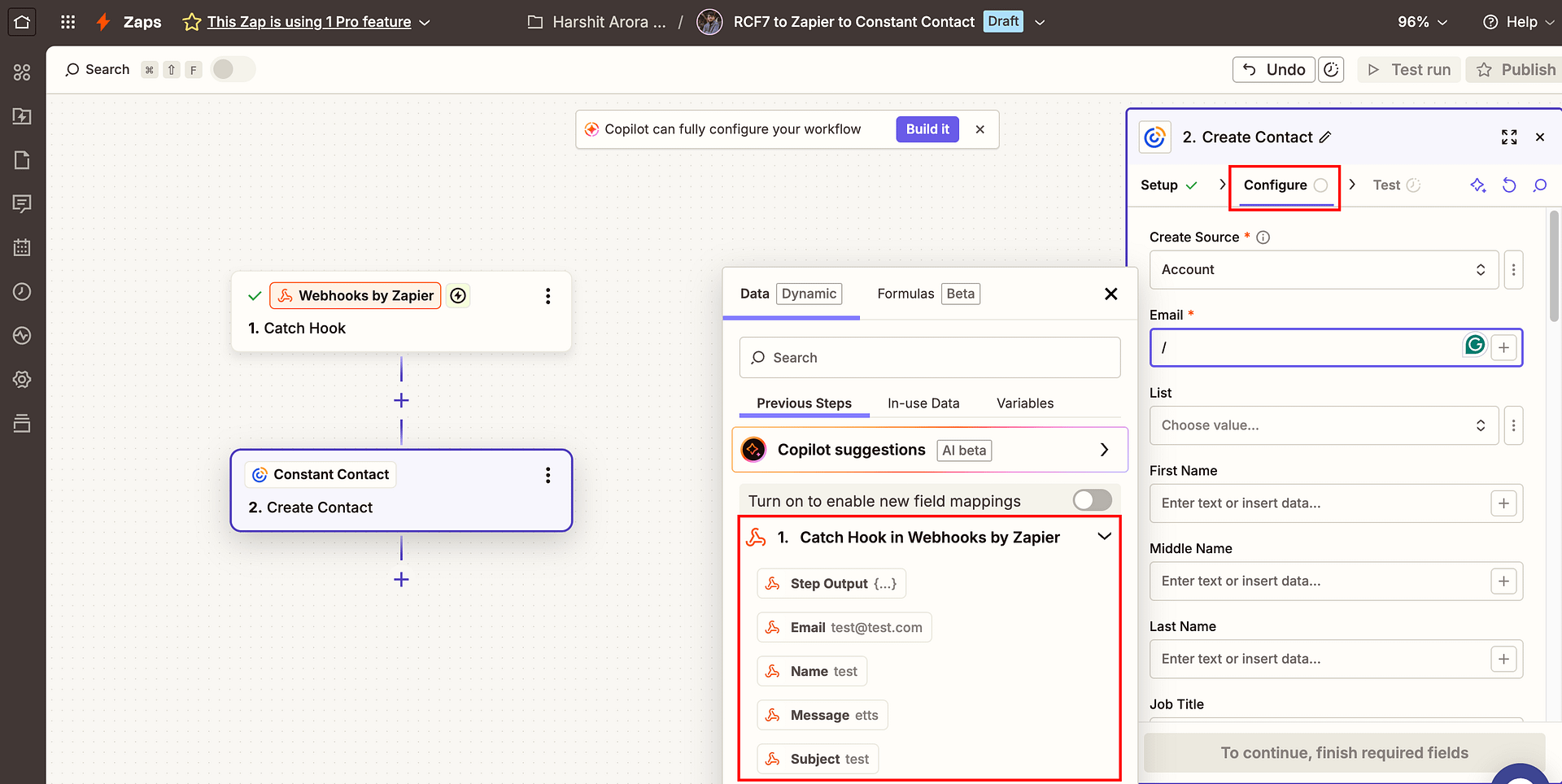 Map fields from webhook data to Constant Contact fields