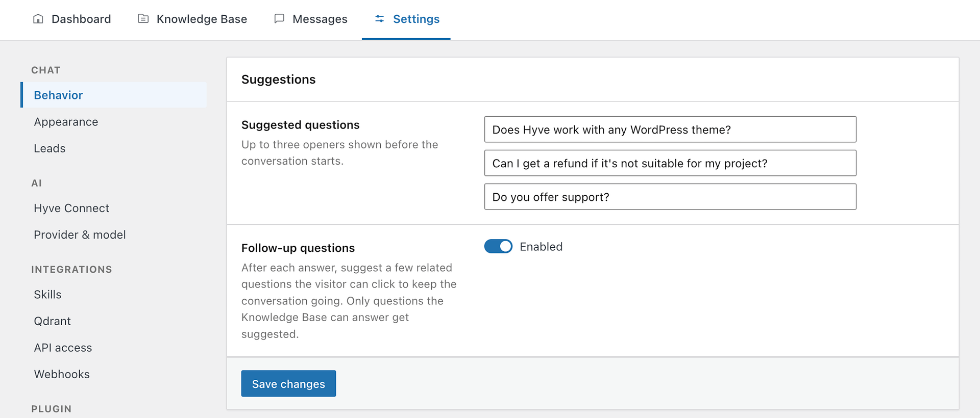 Hyve > Settings > Chat > Behavior, showing the display mode, the welcome and default messages, and the suggested questions