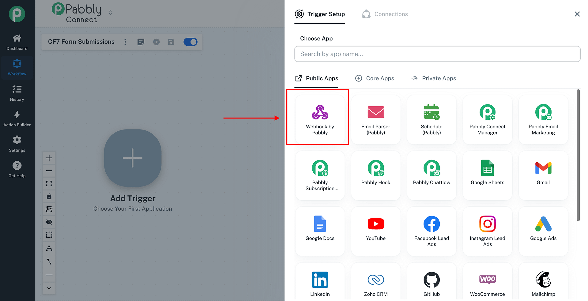 Pabbly Connect trigger setup showing Webhook by Pabbly selected