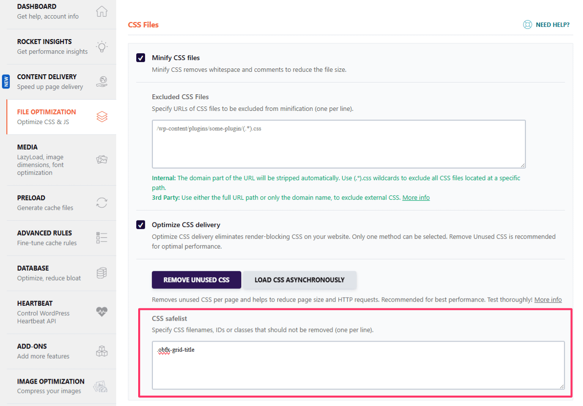 WP Rocket unused-CSS safelist/allowlist field with .obfx-grid-title added