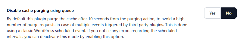 Super Page Cache Advanced tab Cache section with "Disable Cache Purging Using Queue" unchecked