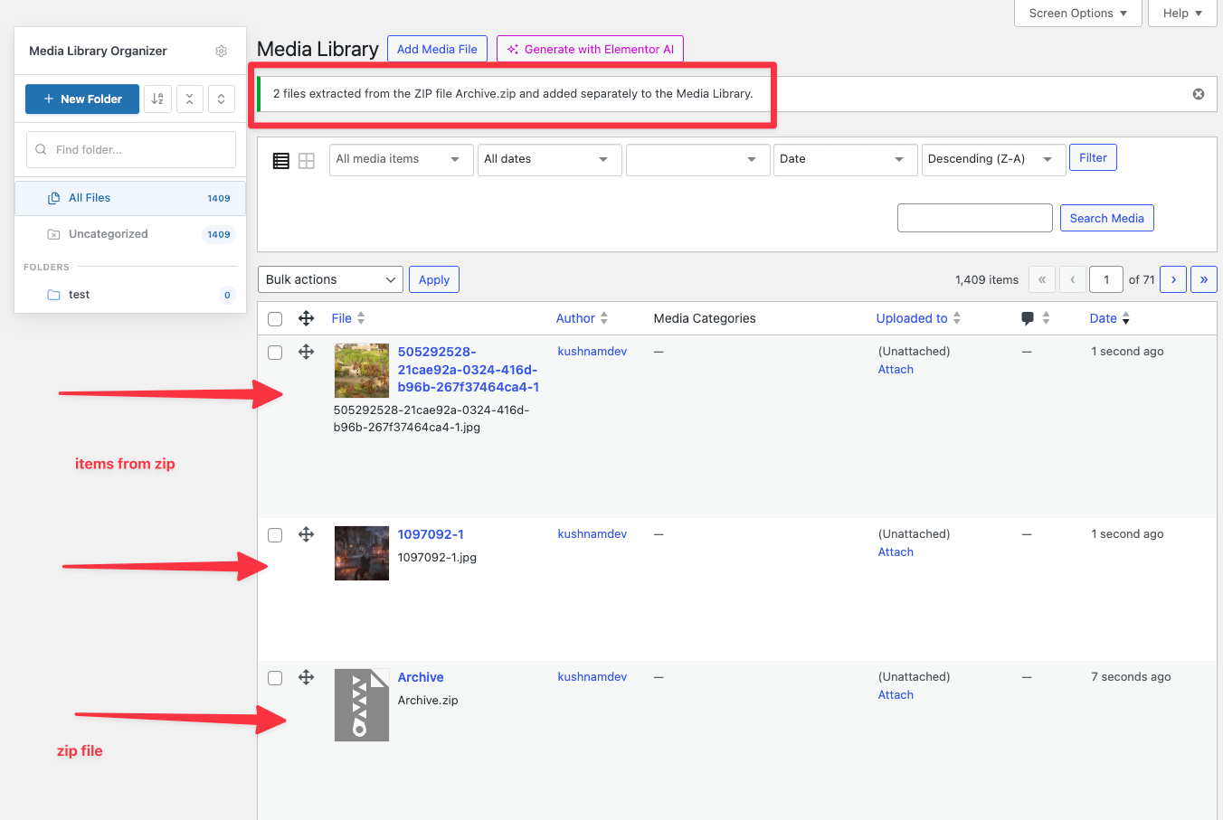 ZIP Addon: List View: Bulk Action: Unzip Success