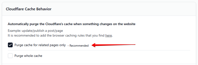 Super Page Cache Advanced tab showing "Automatically Purge Cloudflare's Cache When Something Changes" set to "Purge cache for related pages only"