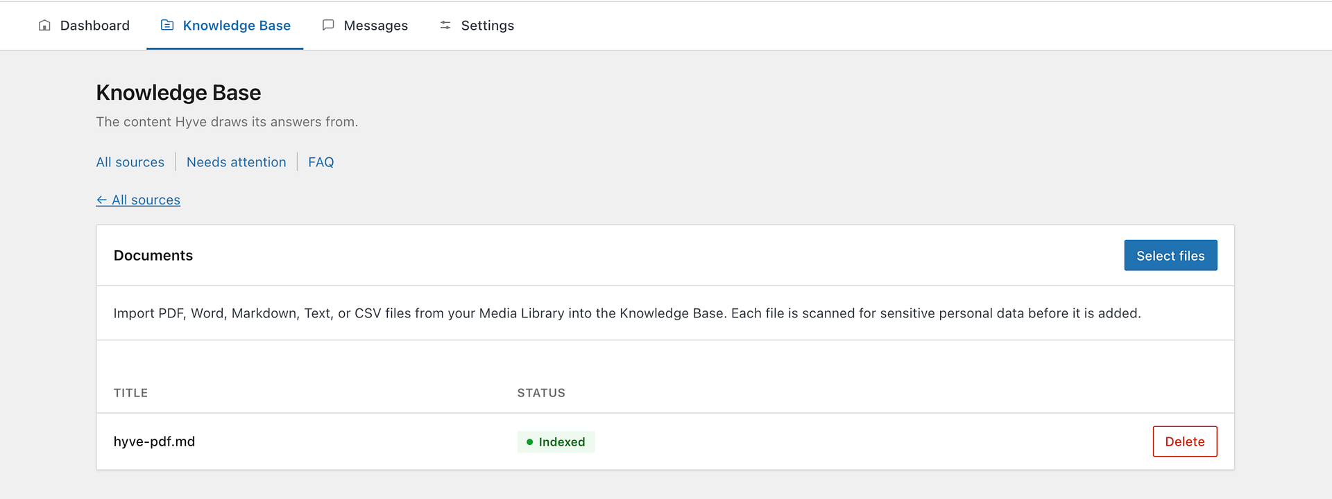 Hyve > Knowledge Base > Documents, showing the upload area and the list of imported documents