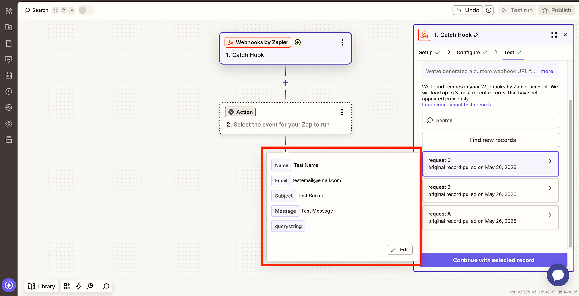 Zapier showing the received test data fields from the form submission