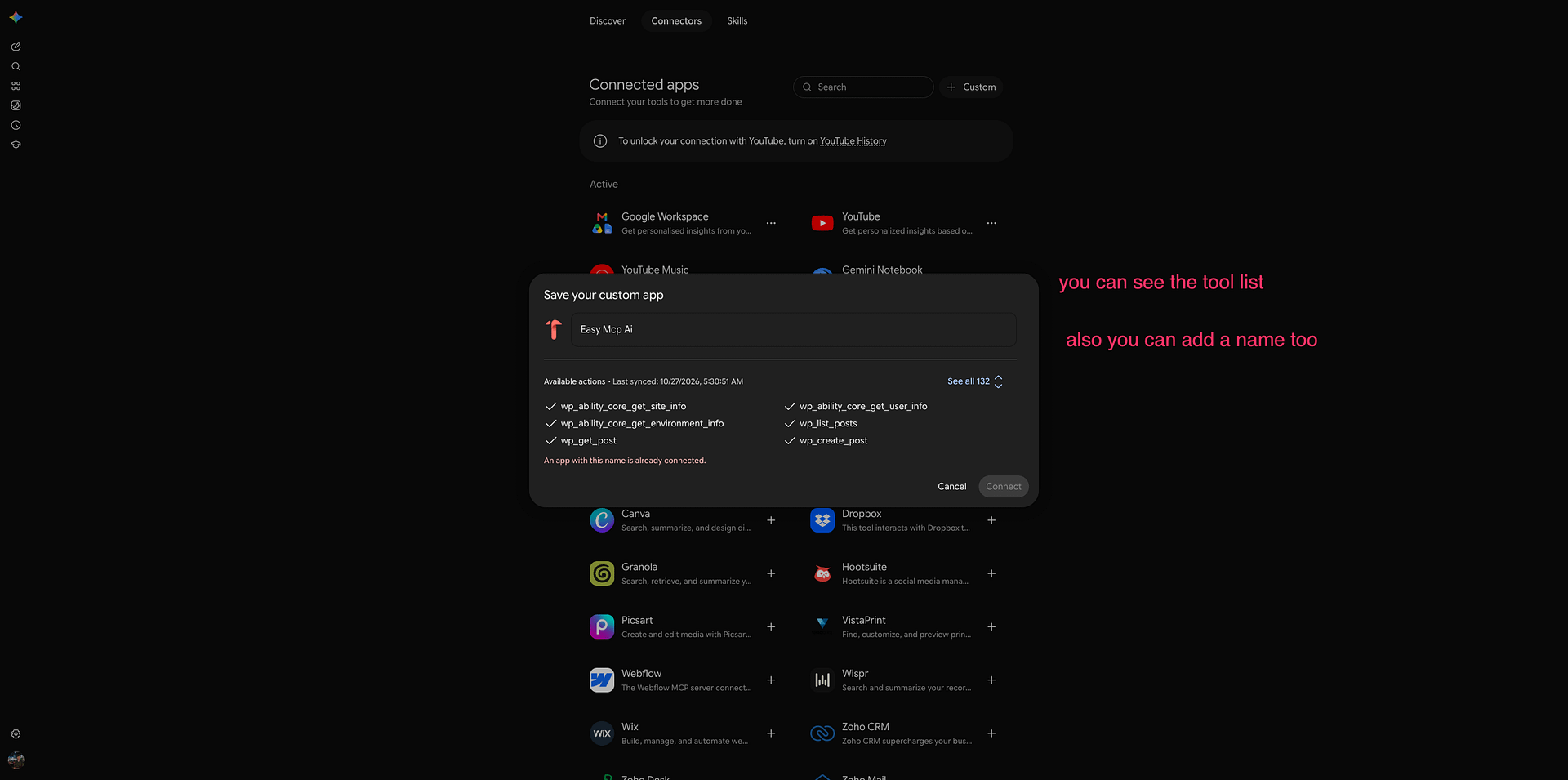 Gemini's Save your custom app window with a name field, the Available actions list of the site's tools with a See all link, and the Connect button