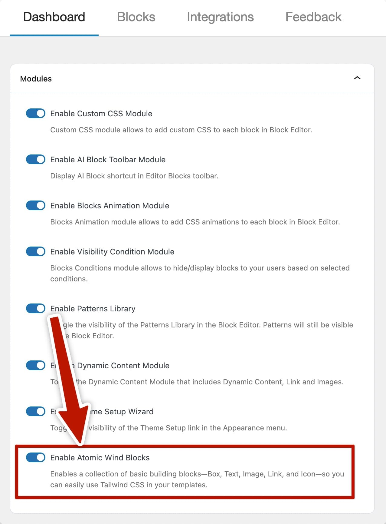 Screenshot:Otter Settings page — General tab with the "Enable Atomic Wind Blocks" toggle highlighted