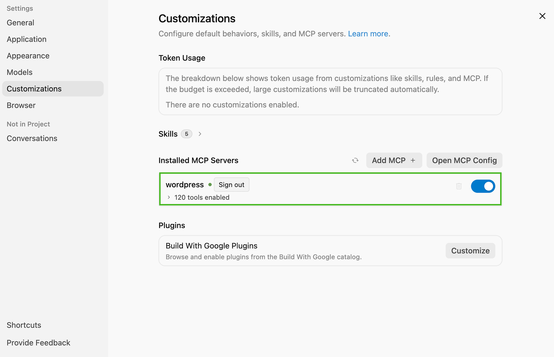 Antigravity's MCP server list showing the wordpress server connected