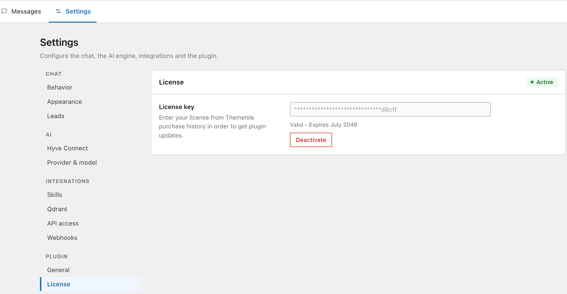 Hyve > Settings > Plugin > License, showing the license key field and an active license status