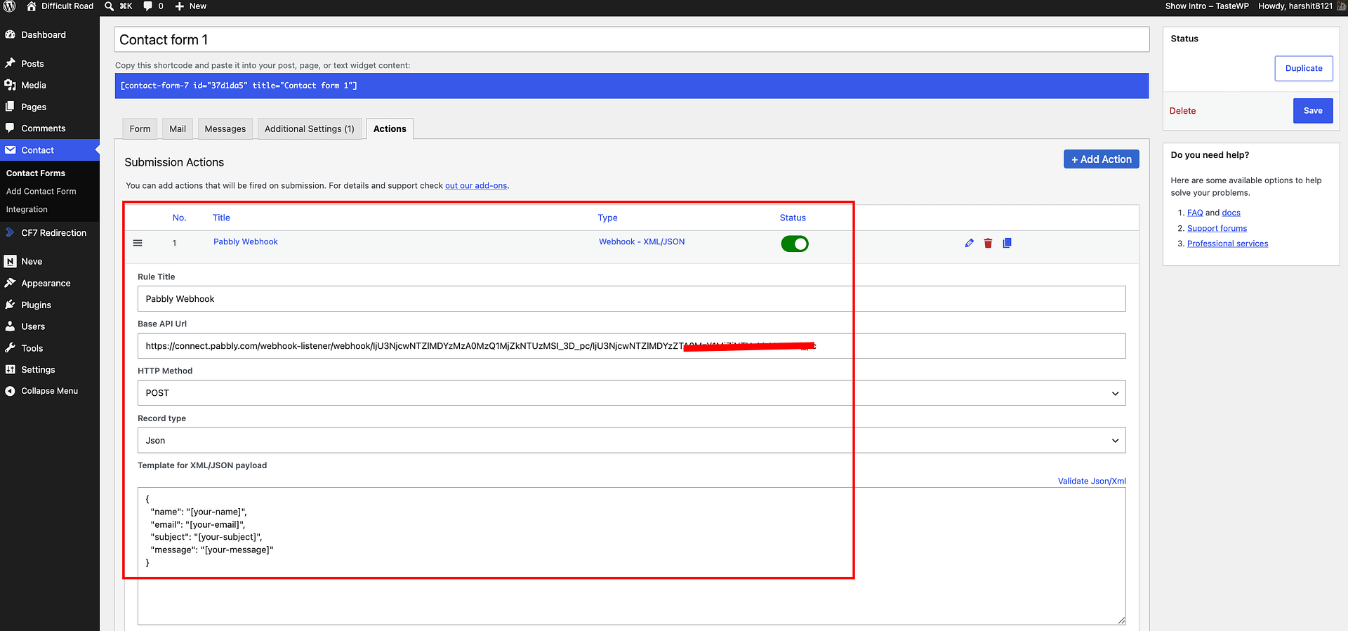 RCF7 Webhook action configured for Pabbly Connect
