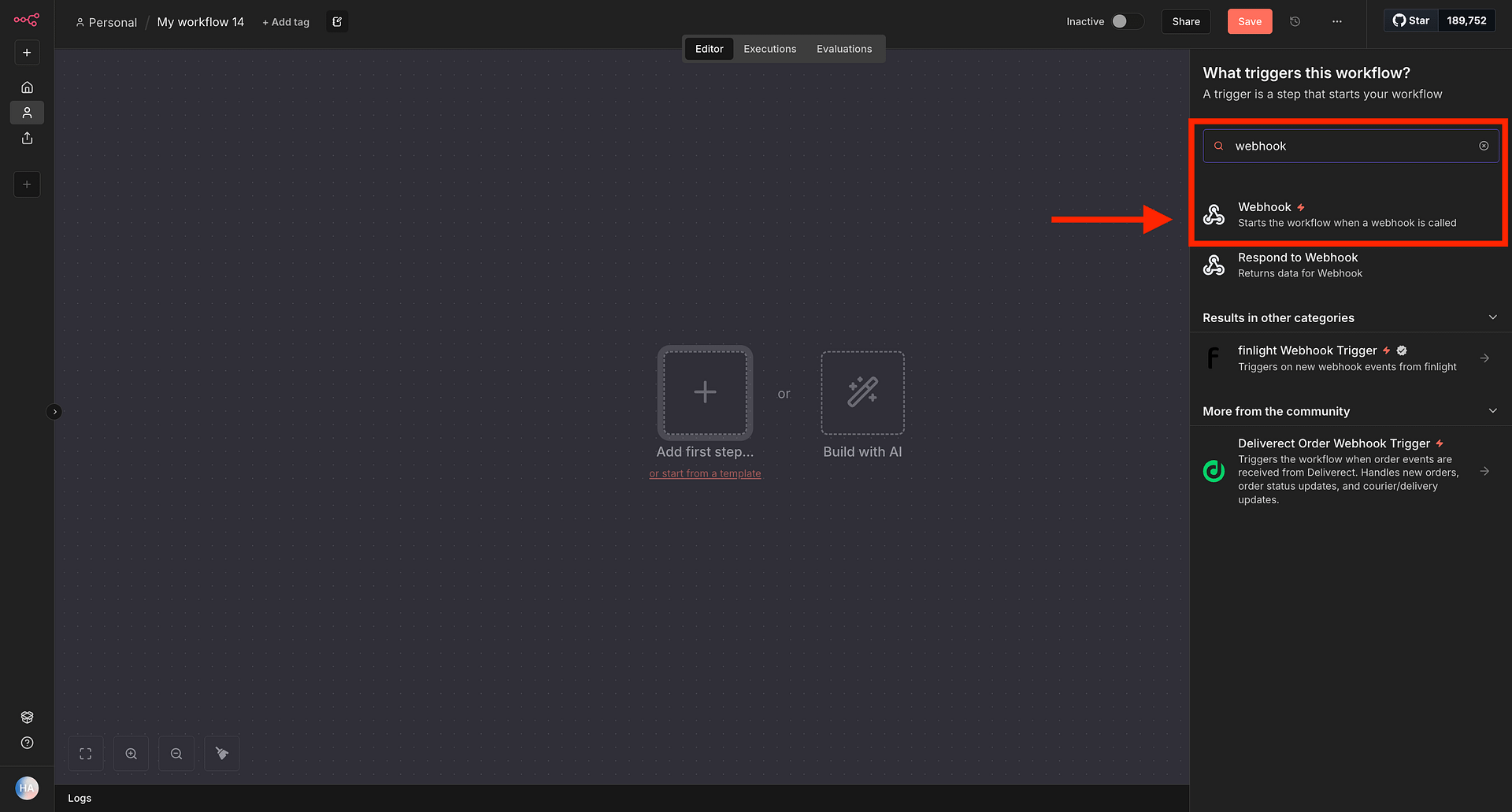n8n workflow editor with the Webhook trigger node added