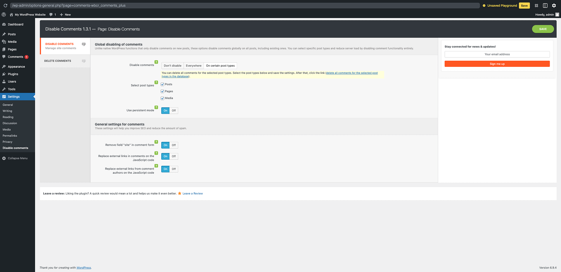 Screenshot of the Disable Comments settings with post type selection