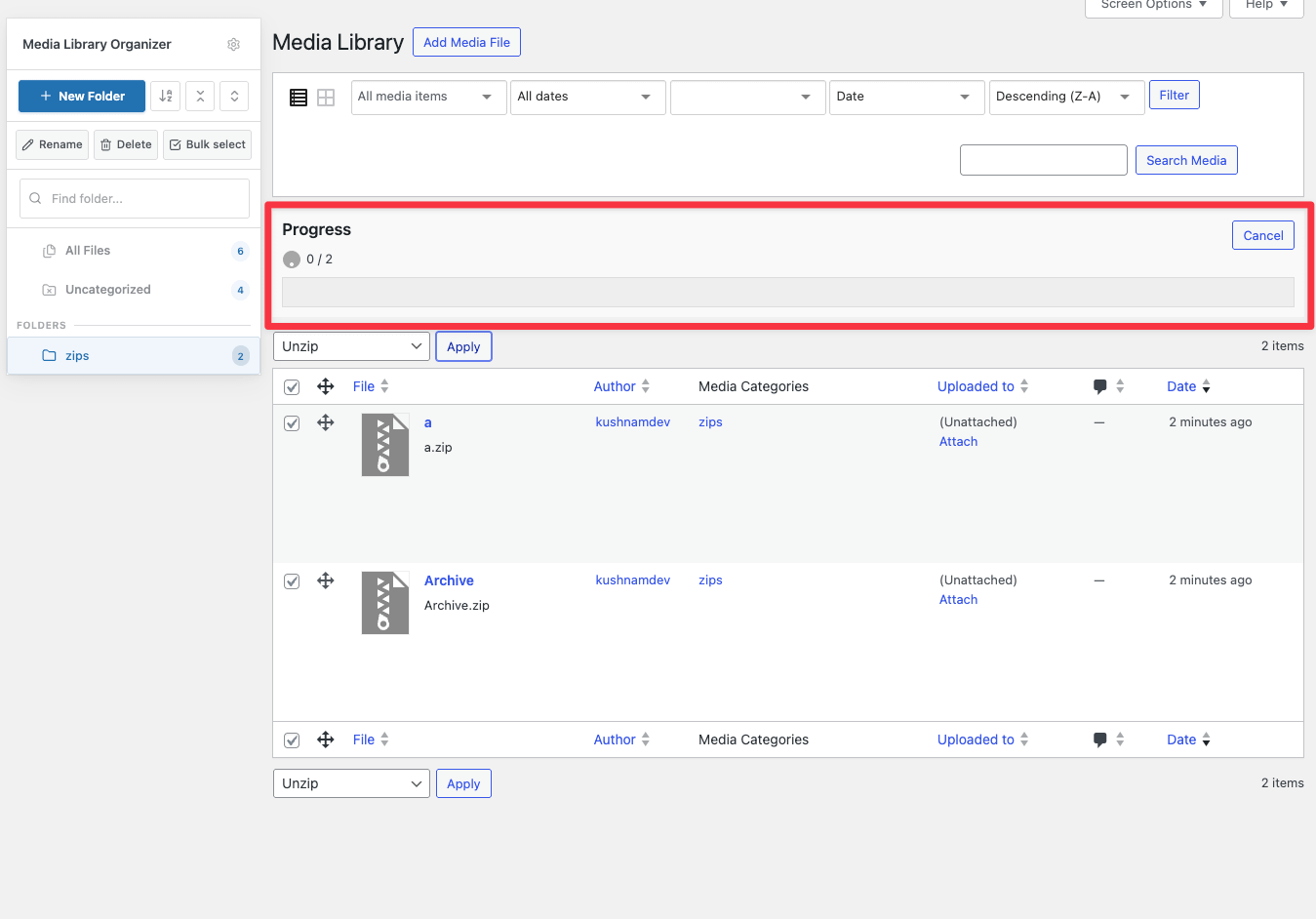 ZIP Addon: List View: Bulk Action: Unzip Progress
