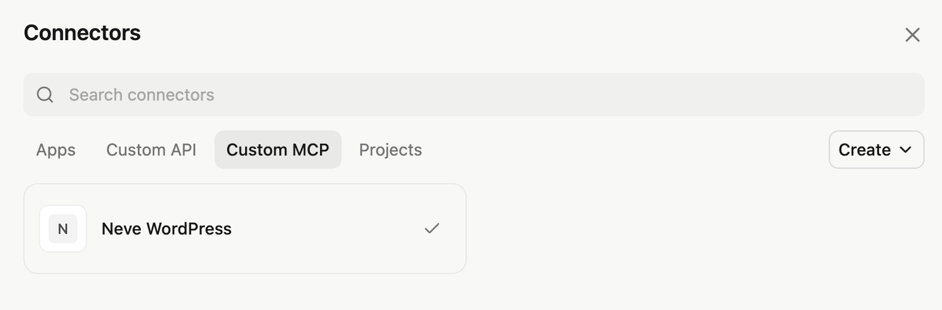 The Manus Custom MCP connector form filled in with the WordPress server name, endpoint URL, and Authorization header