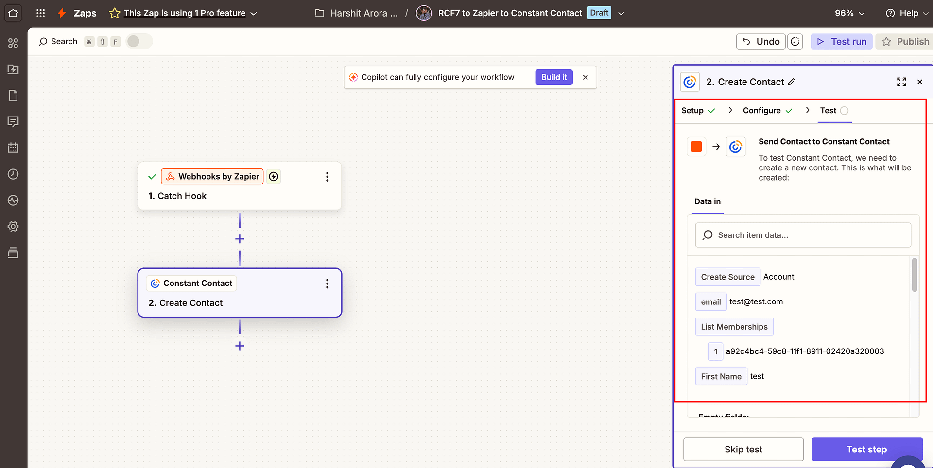 Test create contact action in Constant Contact