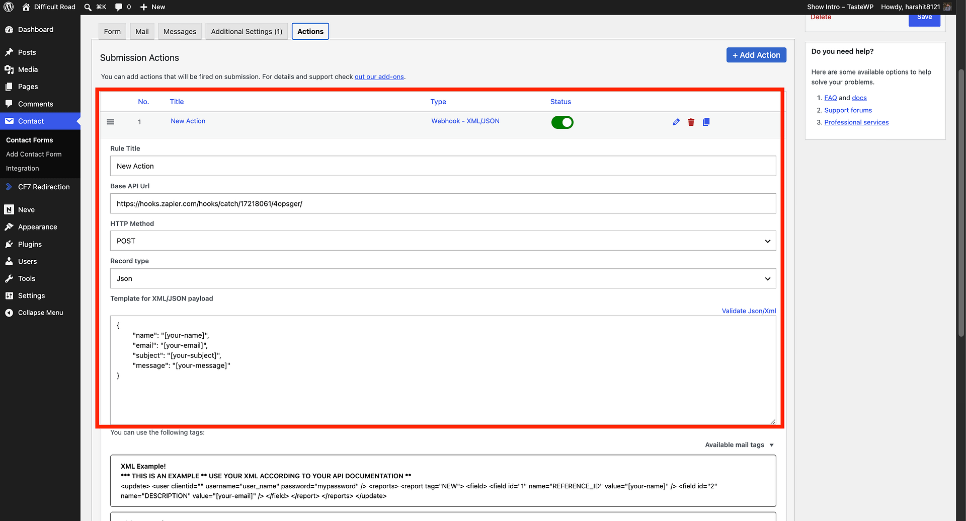 RCF7 Webhook action with Base API URL, HTTP Method, and Record Type fields filled in