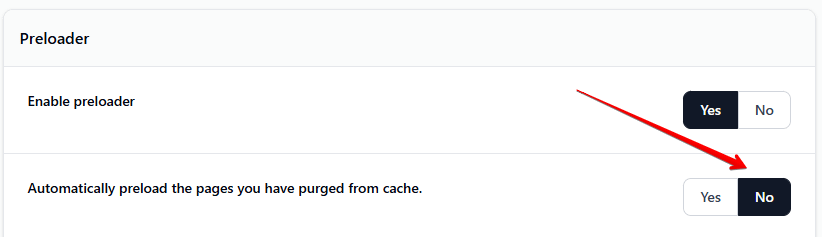Super Page Cache Advanced tab Preloader section with "Automatically Preload Pages You Have Purged From Cache" disabled