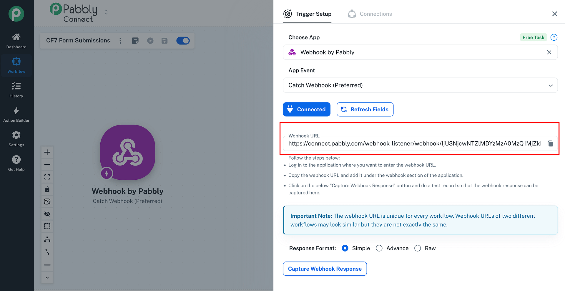 Pabbly Connect webhook URL field with copy button highlighted