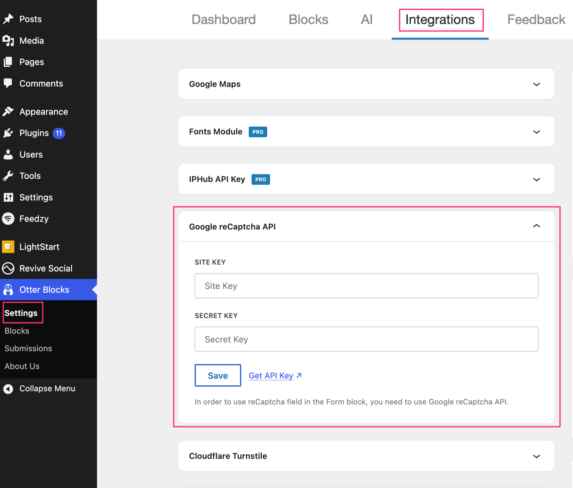 Screenshot: the Captcha block settings showing the Captcha Provider dropdown with the site key and secret key fields
