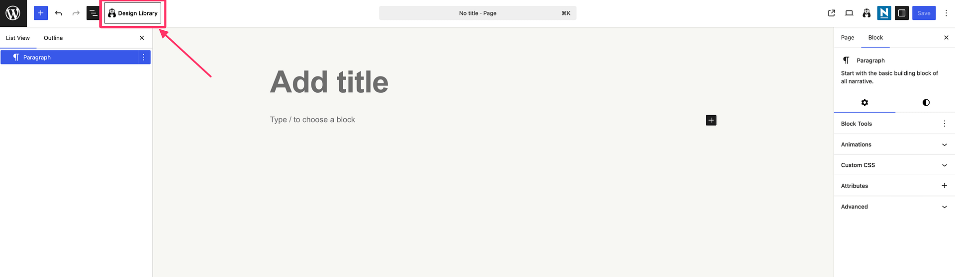 Screenshot: The WordPress editor top toolbar with the "Design Library" button (Otter icon) highlighted.