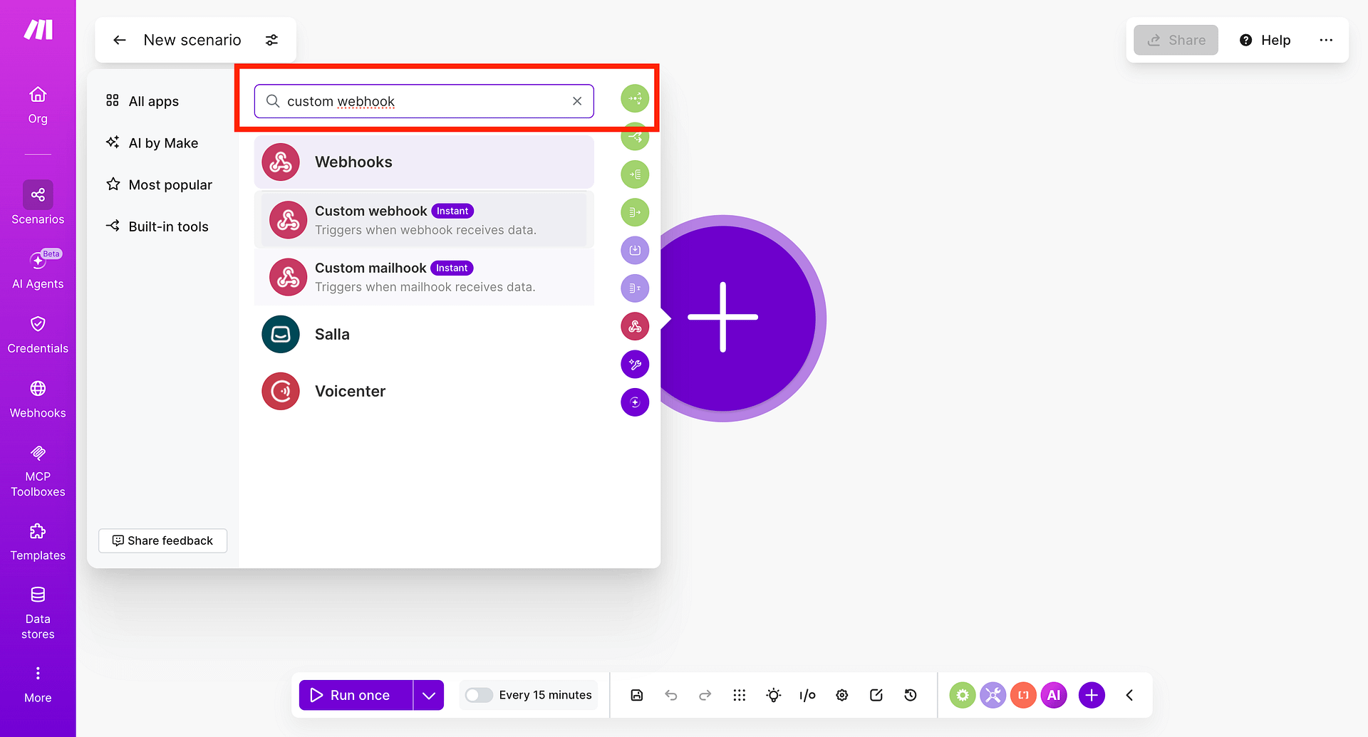 Make scenario builder with Webhooks module selected and Custom Webhook trigger highlighted