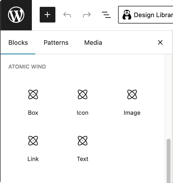 Screenshot: Gutenberg block inserter showing the "Atomic Wind" block category and its five blocks