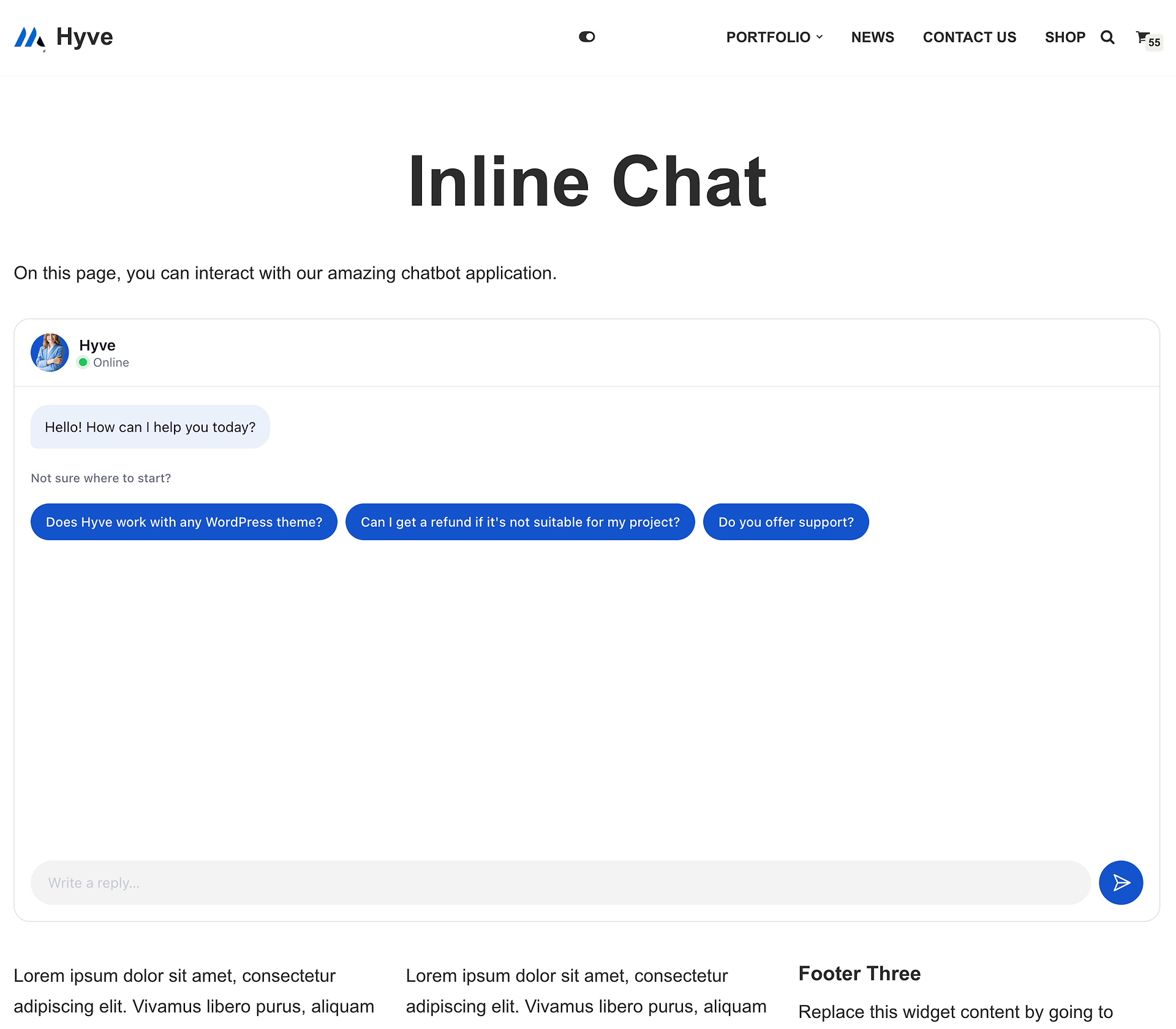 The WordPress block editor with the Hyve Chat - Inline block inserted in the content