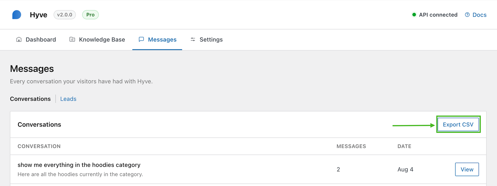 Hyve > Messages > Conversations, showing the conversation list and the export and delete actions