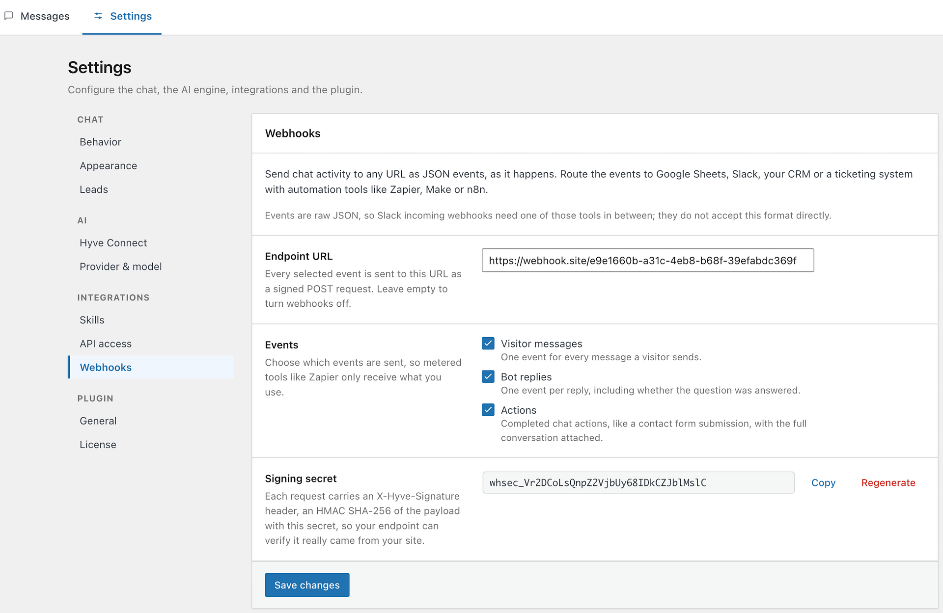 The Hyve Settings screen with Integrations > Webhooks selected, showing a filled-in Endpoint URL, the three Events checkboxes, and the Signing secret row with its Copy and Regenerate buttons.