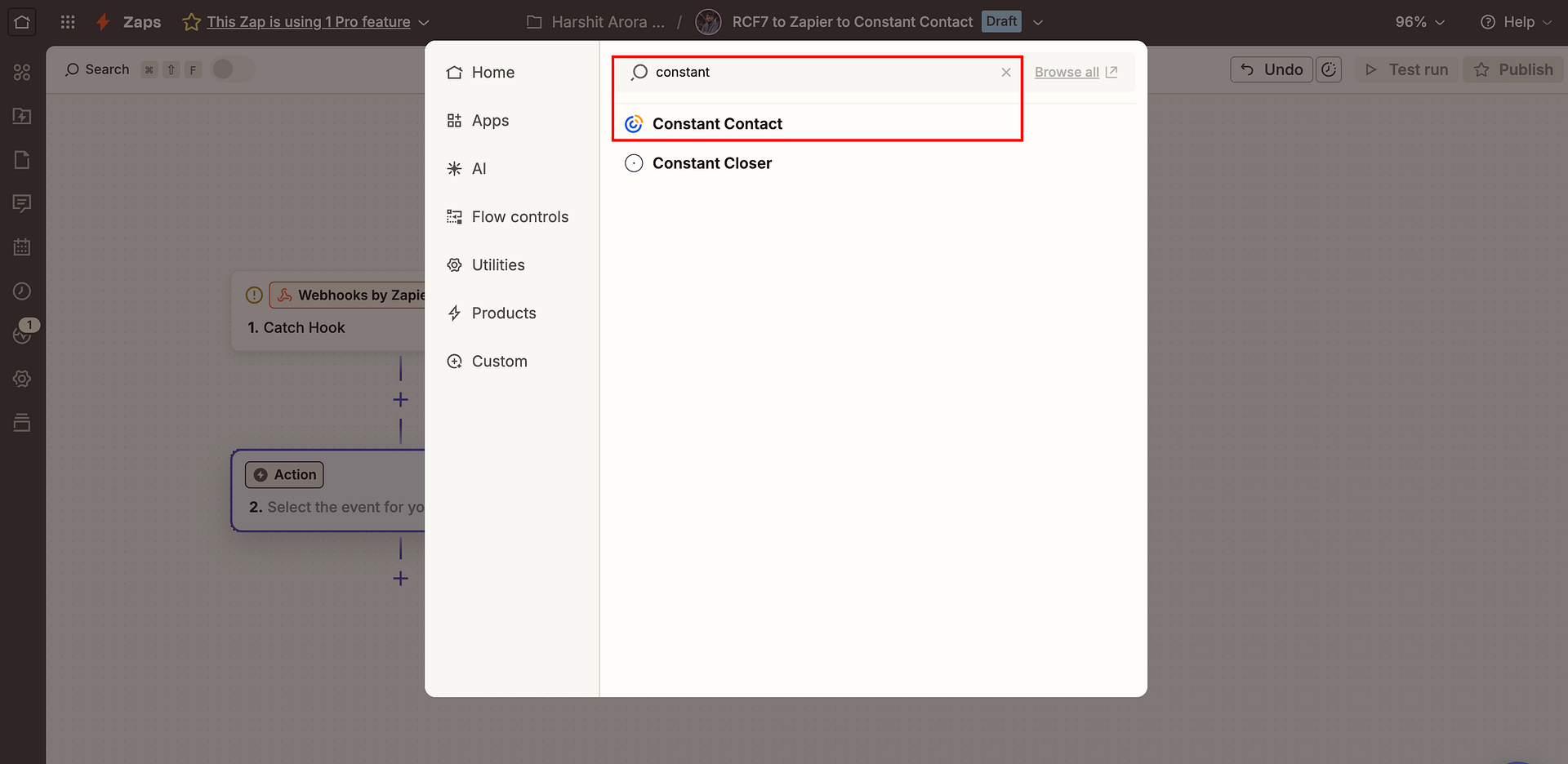 Search for Constant Contact in Zapier