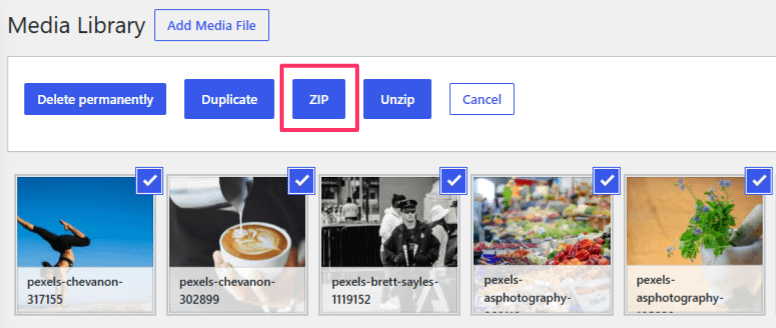 Selecting media files and running the ZIP bulk action in Media Library Organizer